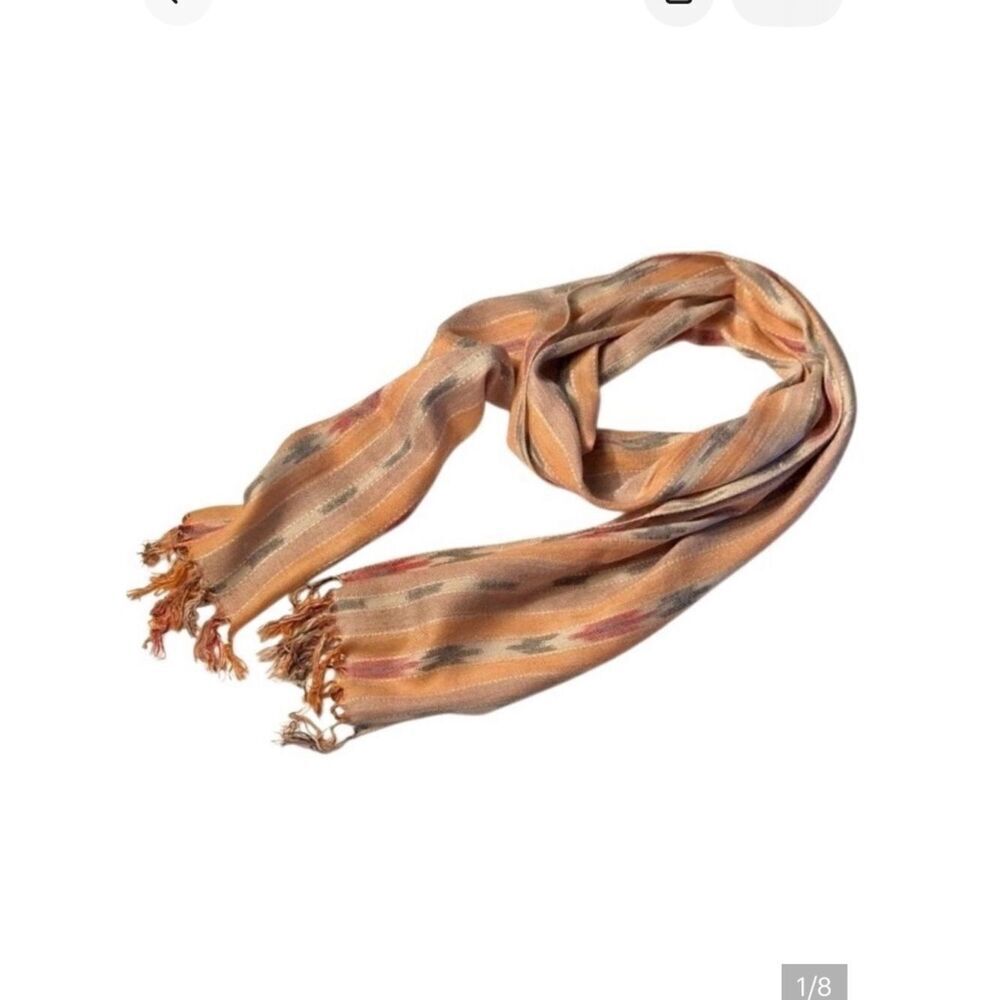 80’s Vintage Scarf Ikat Woven Orange/Cream/Brown/Red/Black